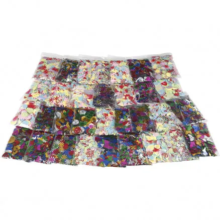 Multi-paljettmix, blandade färger, storlek 7–30 mm, 25 g/32 st.