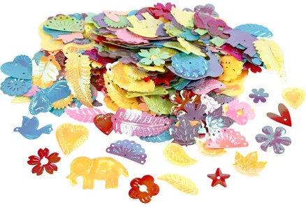 Paljetter, pärlemorsfärger, storlek 15–45 mm, 400 g/1 st.